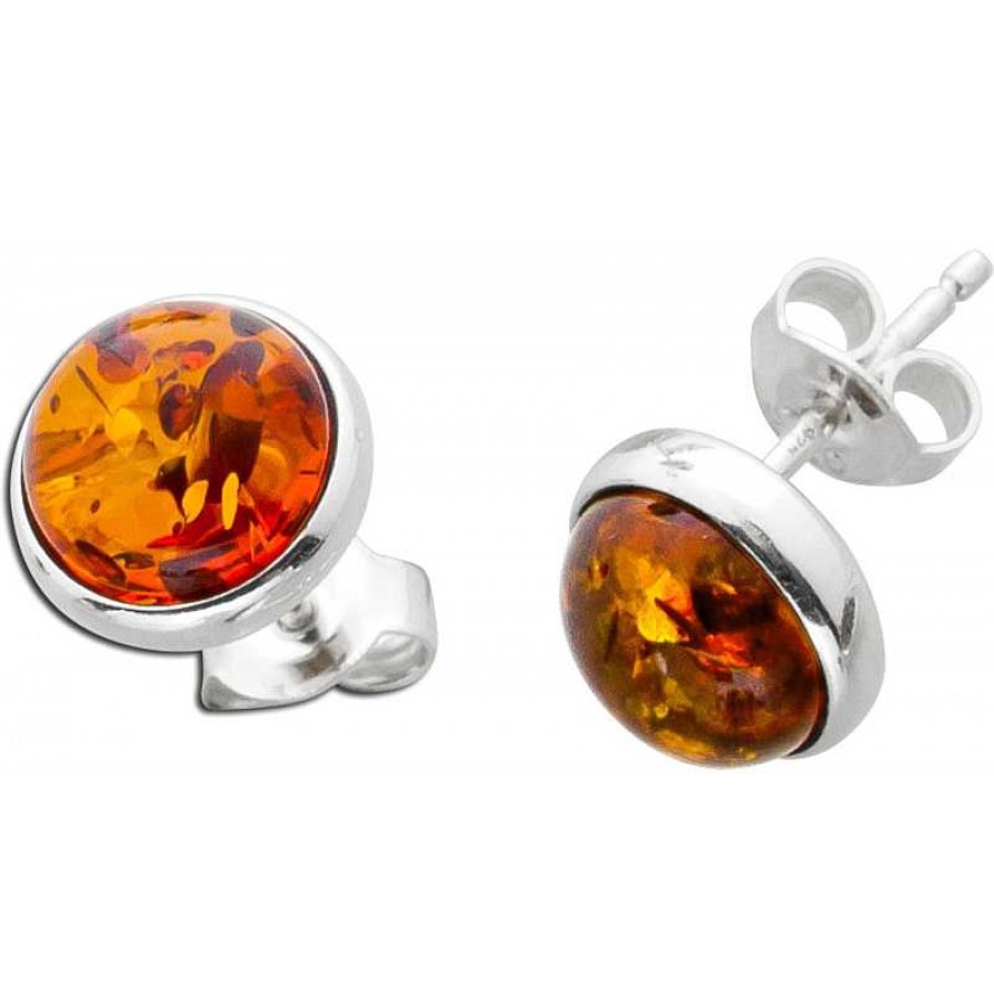 Ohrringe CH.ABRAMOWICZ | Ohrstecker Bernstein Braun Cognac Orange Rund Silber 925 Ohrschmuck 9Mm