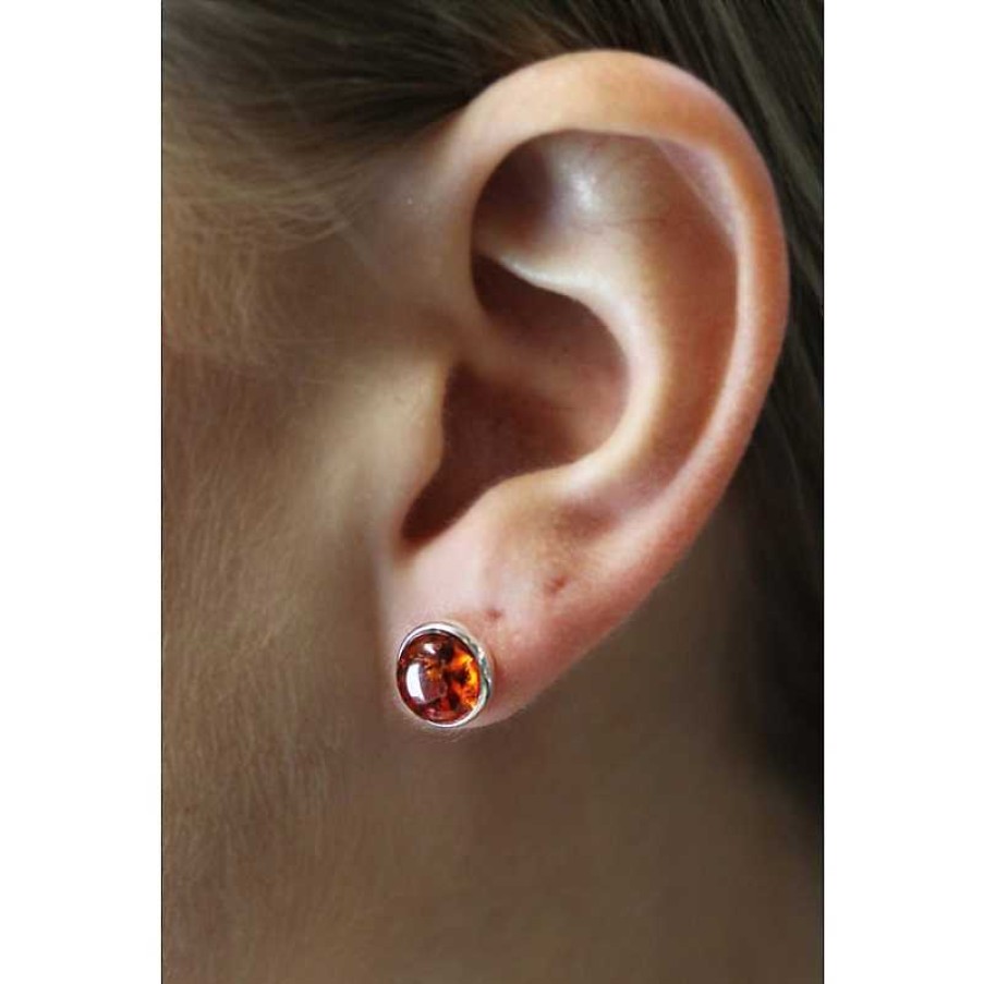 Ohrringe CH.ABRAMOWICZ | Ohrstecker Bernstein Braun Cognac Orange Rund Silber 925 Ohrschmuck 9Mm