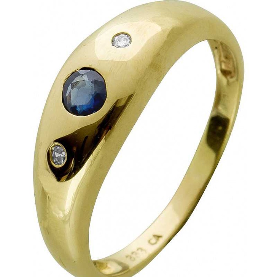 Ringe CH.ABRAMOWICZ | Antiker Ring Gelbgold 333 8 Karat 1 Blau Leuchtender Saphir Edelstein 2 Diamanten Brillantschliff Total 0,04Ct Tw/Vvs Vintage 1970