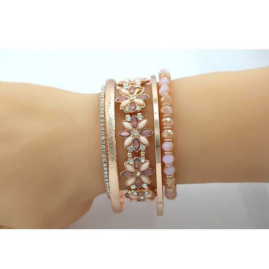 Armband CH.ABRAMOWICZ | Armband Armreif Schmuck Set 5-Teilig Metall Rose Vergoldet Rosa-Braune Glaskugeln Zirkonia