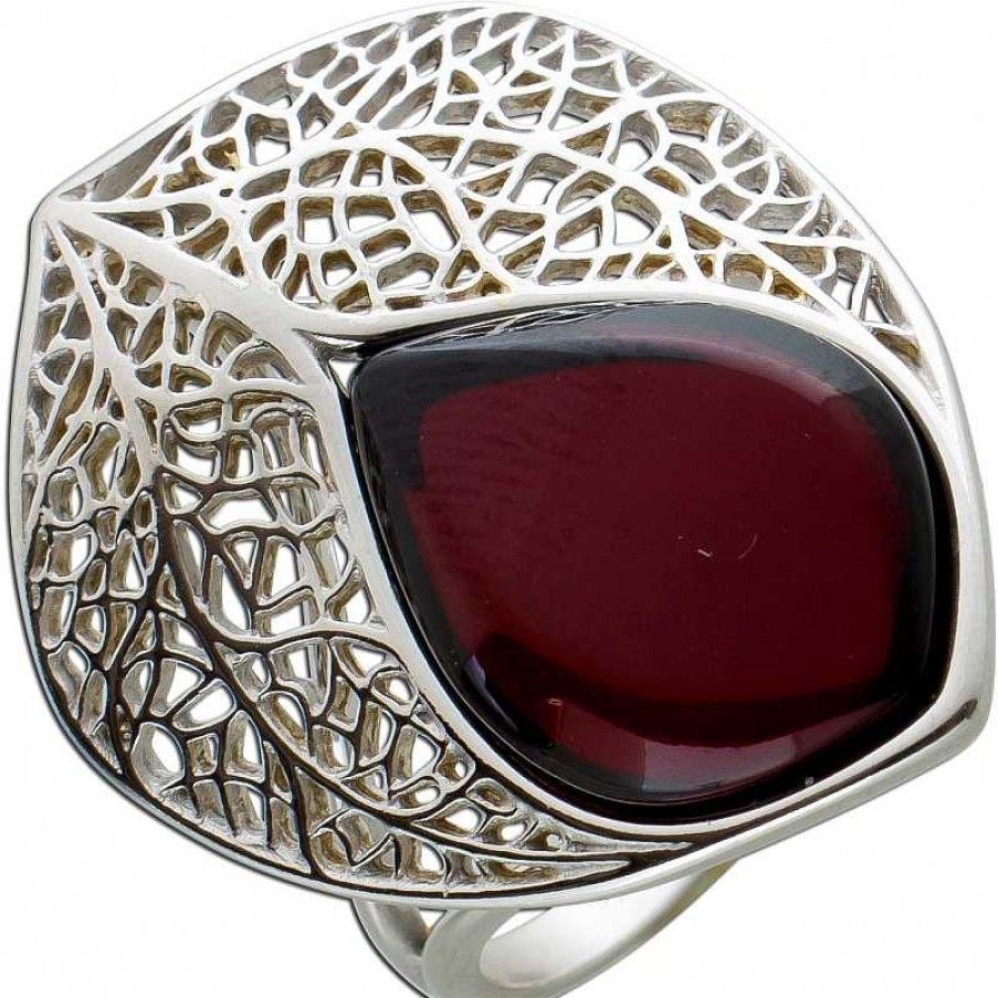 Ringe CH.ABRAMOWICZ | Blattring Silber 925/- Mit Cherry Bernstein