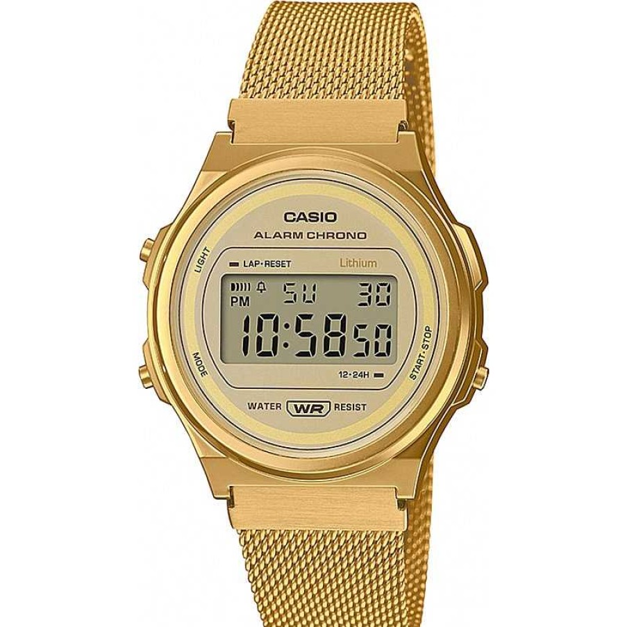 Uhren Casio | Casio Vintage Uhr A171Wemg-9Aef Digitaluhr Vintage Goldfarben Mit Milanaiseband