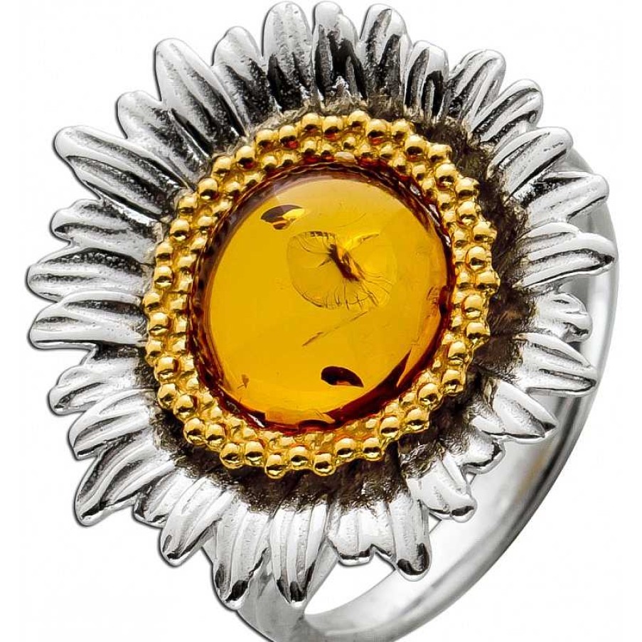 Ringe CH.ABRAMOWICZ | Sonnenblumen Ring Silber 925/- Vergoldet Mit Cognac Bernstein