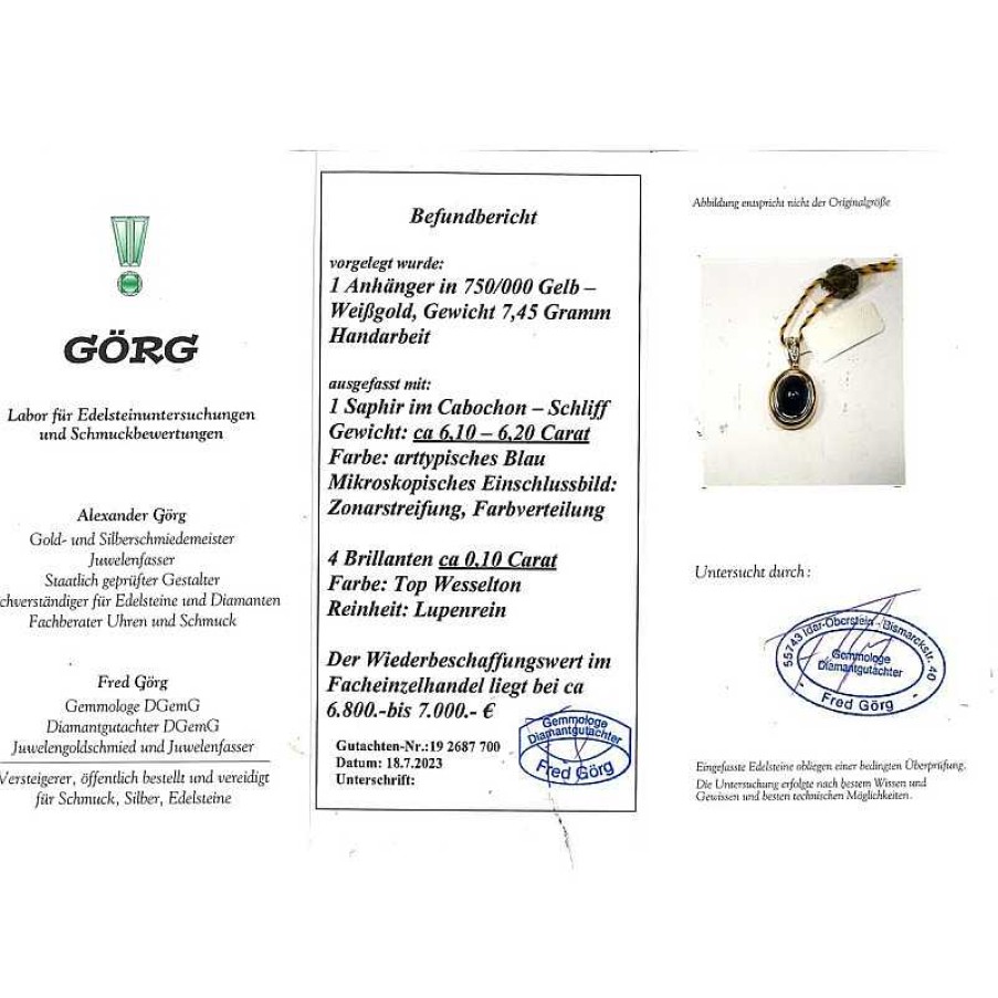 Kettenanh Nger CH.ABRAMOWICZ | Saphir Anh Nger Gelbgold 750 Blau 6,10Ct 4 Brillanten 0,10Ct Tw/Lp