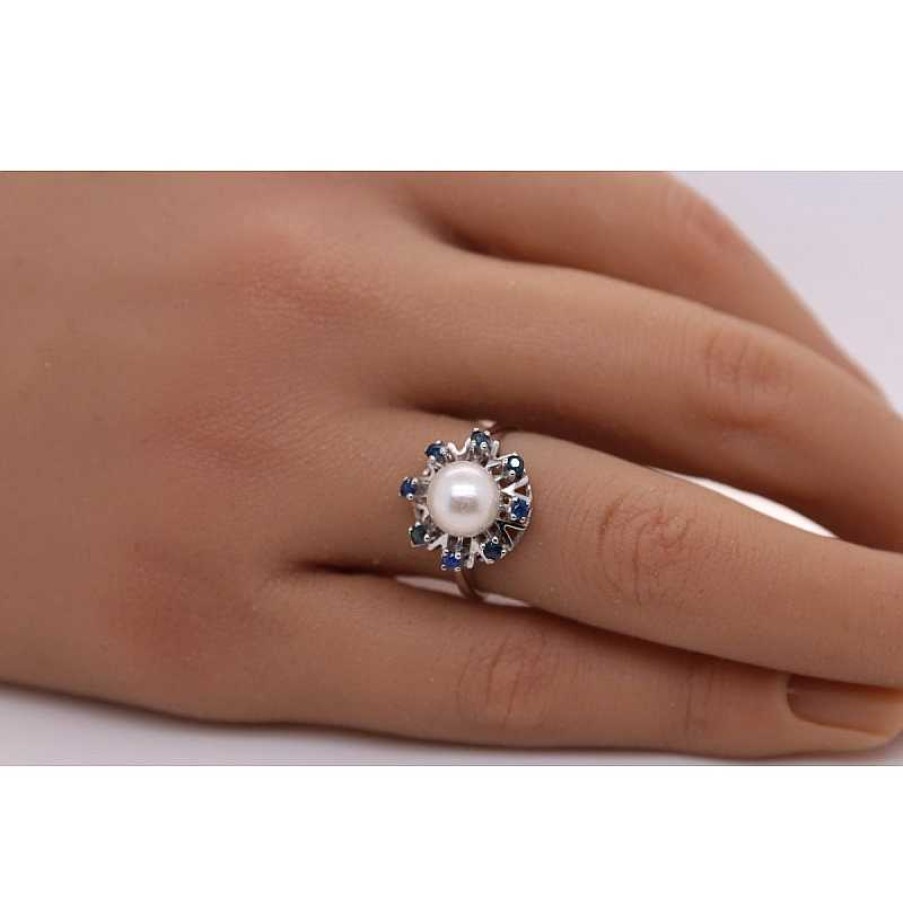 Ringe CH.ABRAMOWICZ | Perlenring Wei Gold 585 Japanische Akoya 7,5Mm Blaue Saphire 0,56Ct.