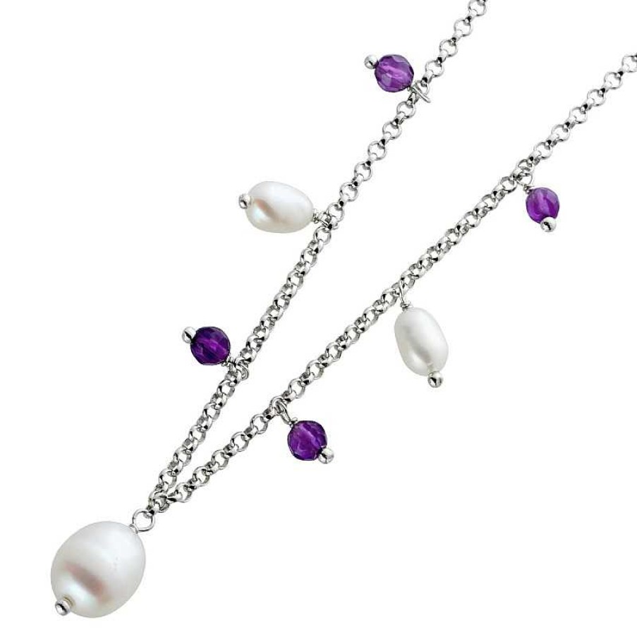 Halskette CH.ABRAMOWICZ | Rollo Kette Silber 925 3 Wei E S Wasserzuchtperlen 4 Lila Amethyst Edelsteine Damenschmuck