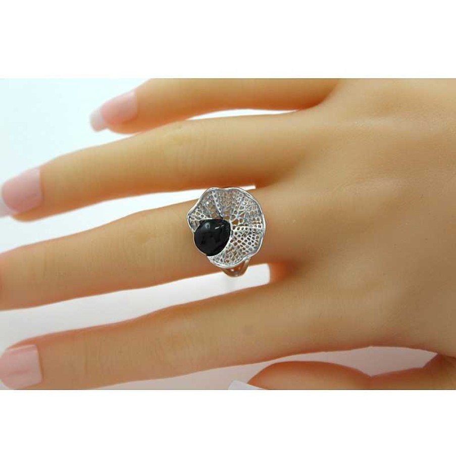 Ringe CH.ABRAMOWICZ | Ring Schwarzer Onyx Silber 925 Onyx Cabochon 9X7Mm, Ringkopf 17X18Mm